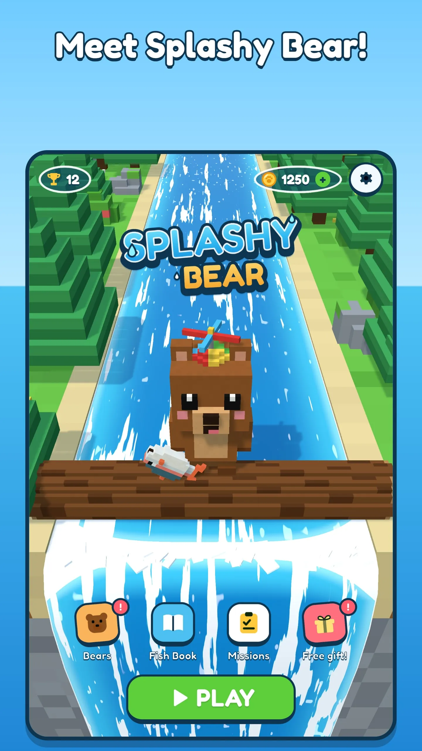 The title screen, with Splashy Bear on a log at the top of the waterfall and buttons for Bears, Fish Book, Missions and a free gift.