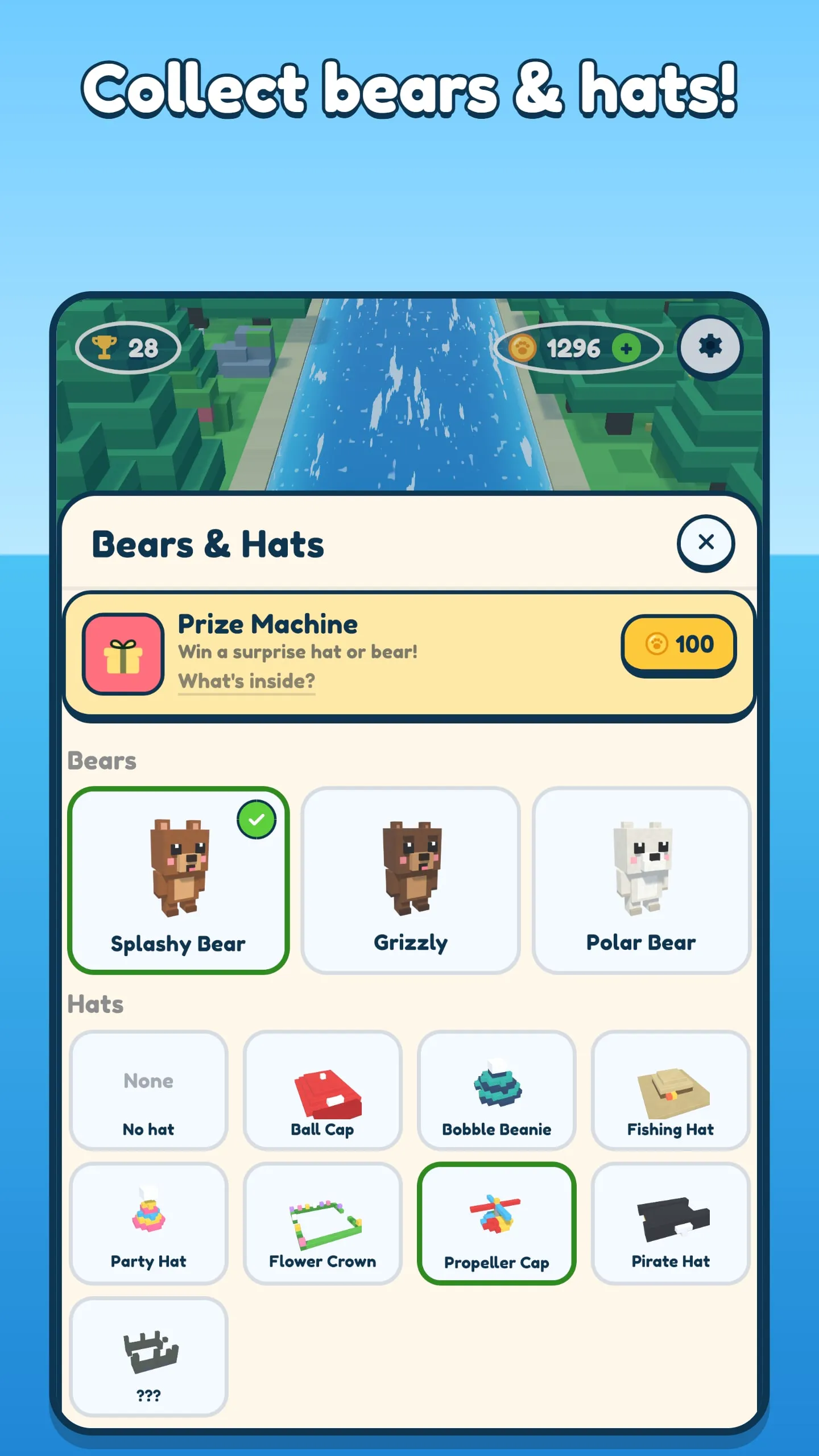 The Bears and Hats screen, with the Prize Machine, three bears and a grid of hats.