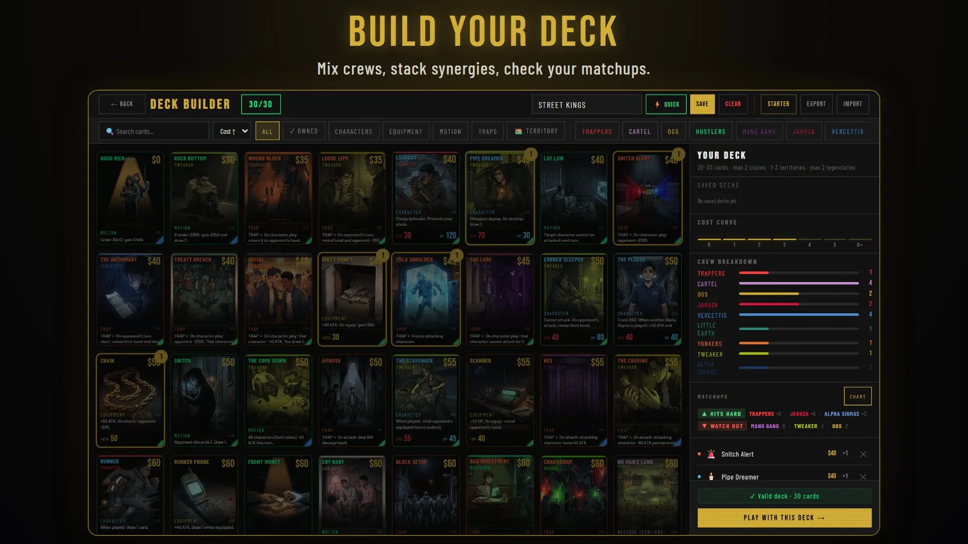 The deck builder, with filters, a cost curve, crew breakdown and matchup summary.