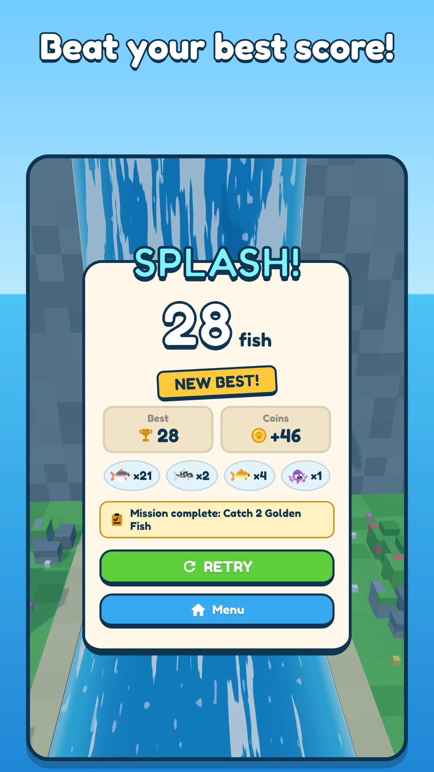 The end-of-run card, showing 28 fish, a new best, coins earned and a completed mission.