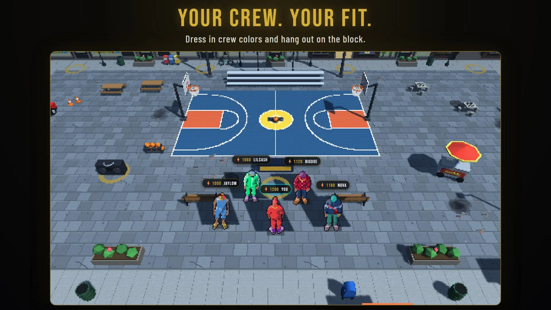 Avatars dressed in crew colors hanging out by the court.