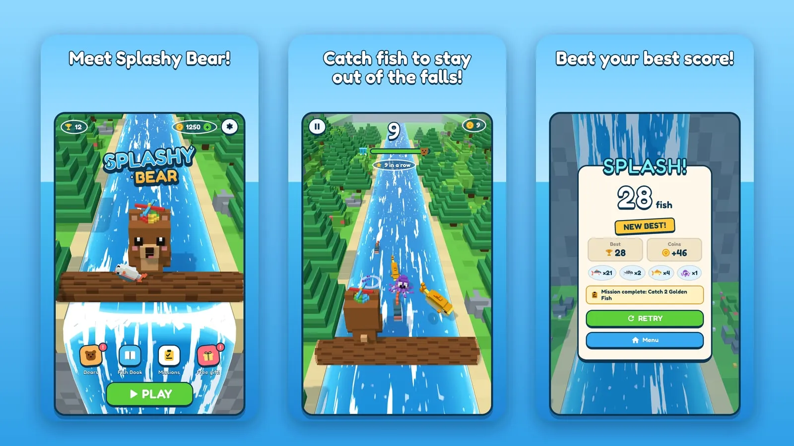 Three Splashy Bear screens: the title screen with the bear on a log above a waterfall, a run in progress catching fish on the river, and a "Splash! 28 fish, new best" results card.