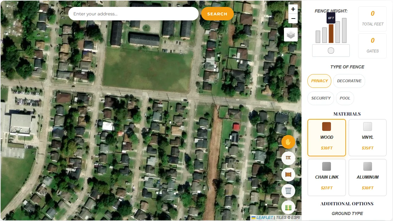 The MapFence Estimator showing a satellite map of a New Orleans neighborhood beside panels for fence height, fence type and material prices per foot.